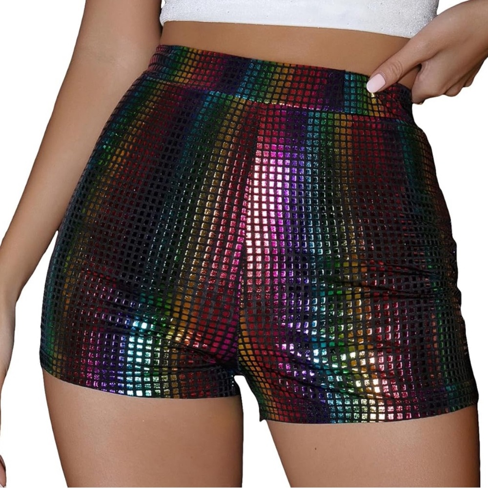 COZYEASE Women's Rainbow Stripe High Waist Metallic Party Club Shorts